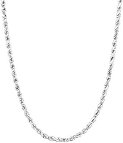 CLASICOMIS Silver Stainless Steel Rope Chain for Men, 3mm/4mm Mens